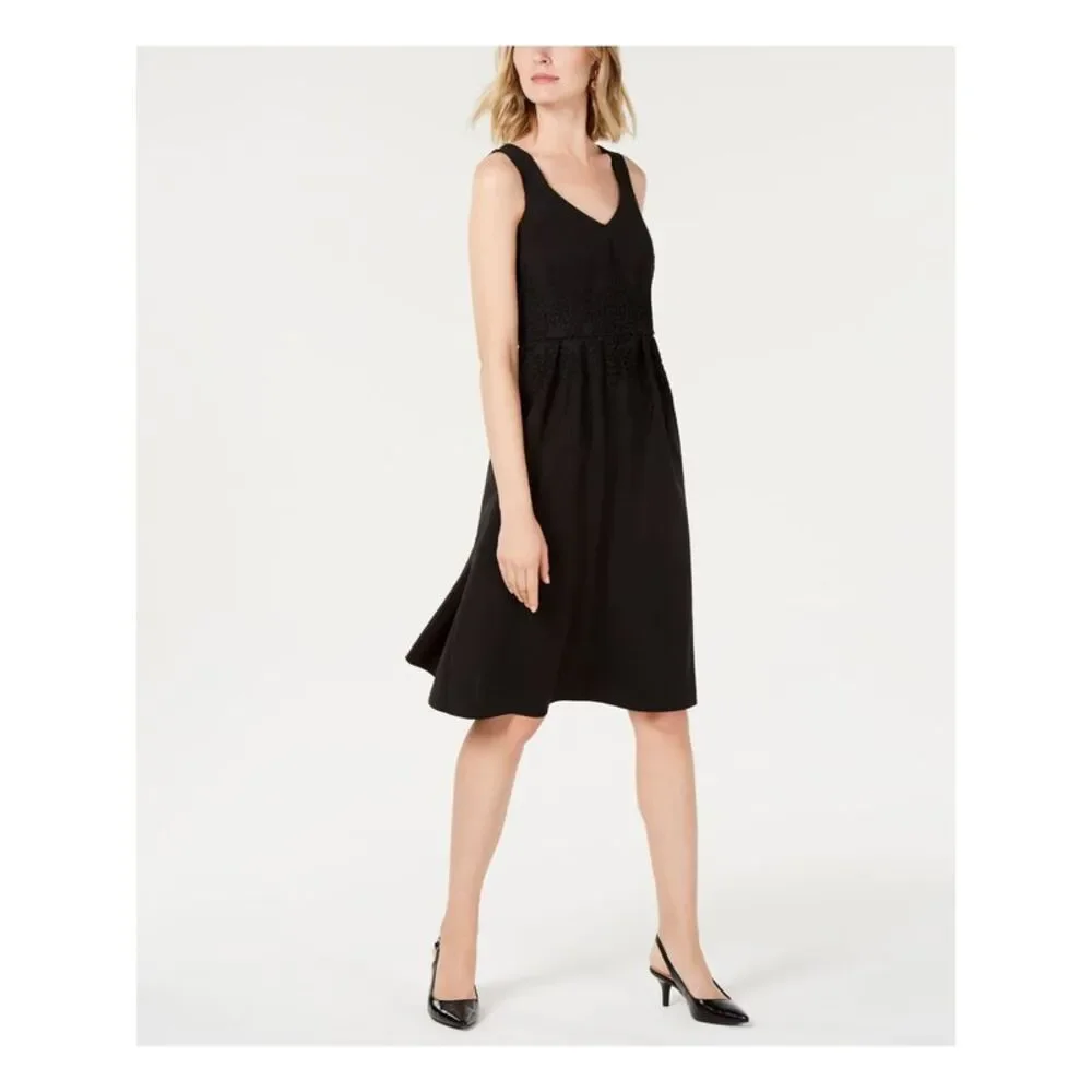 ALFANI Womens Black Lace Sleeveless V Neck Below The Knee Fit + Flare Dress 10